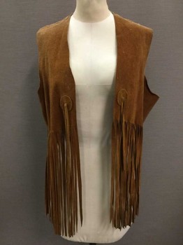 Womens, Vest, ARCO SALES, Caramel Brown, Suede, Solid, Cropped Length, Open Center Front, W/Self Ties, Fringe At Hem, Self X's Embroidery At Shoulders & Center Back, Late 1960's Hippie