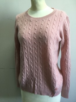 CASHMERE, Lt Pink, Cashmere, Solid, Cable Knit, Pullover, Long Sleeves, 4 Button Placket Left Hip