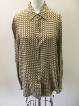 ALLISON TAYLOR, Beige, Dk Brown, White, Silk, Medallion Pattern, Long Sleeve Button Front, Collar Attached, Self Fabric Covered Buttons,
