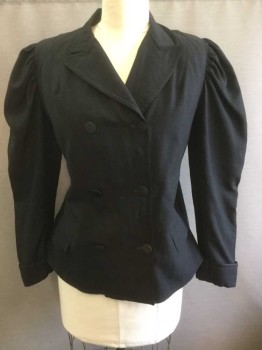 Womens, Jacket 1890s-1910s, N/L, Black, Wool, Solid, W: 34, B:40, H 44, Lightweight Wool, Long Sleeves, Double Breasted, with Faille Fabric Covered Buttons, Peaked Lapel, Leg O Mutton Sleeves with Gathered Shoulders, Shoulder Pads, 2 Hip Pockets, Folded Cuffs, Double Vented Back, ** Has Mends At Center Back Shoulders,and Right Cuff,