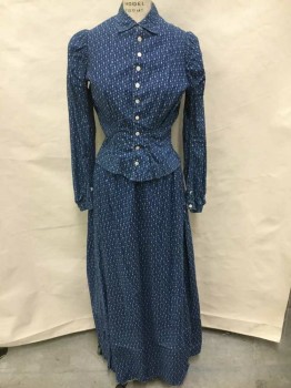 Womens, Dress, Piece 2, 1890s-1910s, MTO, Blue, White, Cotton, Geometric, W28, Made To Order, White 'Diamond' Print On Blue Background, Condition Good, Cotton Still In Good Condition, Little Mending, 3rd Class, Old West, Working Pioneer Woman