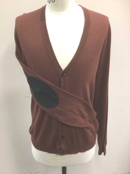 14, Sienna Brown, Dk Gray, Cotton, Wool, Solid, Knit, V-neck, 5 Buttons, Dark Gray Suede Oval Elbow Patches