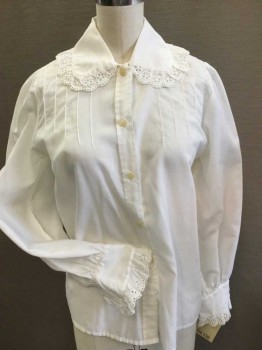 Womens, Historical Fiction Blouse, N/L, White, Poly/Cotton, Solid, B 34, Button Front, Peter Pan Collar with Eyelet Ruffle Trim, Pintuck Shoulders, Gathered At Cuff, Cuff Trimmed In Eyelet (1960's - 1970's)