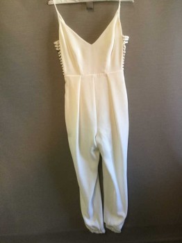 Womens, Jumpsuit, ZIMMERMAN, White, Polyester, Spandex, Solid, S, White Crepe, Spaghetti Strap, V-neck, Strap Sides with Gold D-rings, Zip Back, Pleated Pants, Elastic Cuffs