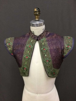 Mens, Historical Fiction Jacket, MTO, Aubergine Purple, Olive Green, Pink, Silk, Rayon, Floral, XS, Turkish Influence, Aubergine Brocade With Gold Olive Green Lace Trim, Pink Stones, Purple Leather Trim