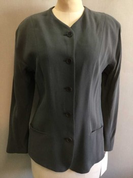 Calvin Klein, Gray, Cotton, Rayon, Solid, 5 Buttons, 2 Pockets, Shoulder Pads