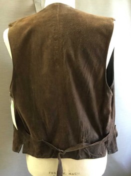 Mens, Leather Vest, MTO, Dk Brown, Suede, Cotton, Solid, 42, 5 Buttons, 2 Pockets, Lined In Black Cotton, Aged/Distressed, Double