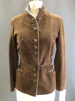 Womens, Leather Jacket, MTO, Brown, Cream, Olive Green, Suede, Wool, Solid, Houndstooth, 28 W, 34 B, Beautifully Made Period Womens Jacket, Soft Suede with Houndstooth Wool Facing, 2 Pockets, Stand Pocket, Pleats At Side and Back Waist, Matching Belt, Yoke