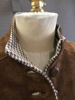 Womens, Leather Jacket, MTO, Brown, Cream, Olive Green, Suede, Wool, Solid, Houndstooth, 28 W, 34 B, Beautifully Made Period Womens Jacket, Soft Suede with Houndstooth Wool Facing, 2 Pockets, Stand Pocket, Pleats At Side and Back Waist, Matching Belt, Yoke