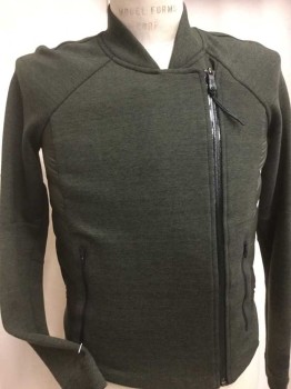 NIKE, Olive Green, Black, Poly/Cotton, Nylon, Heathered, Heather Olive W/puffy Nylon Quilt Side Bodice and Back, Off Side Black Zip Front, 2 Vertical Black Pockets Bottom, Raglan  Long Sleeves,