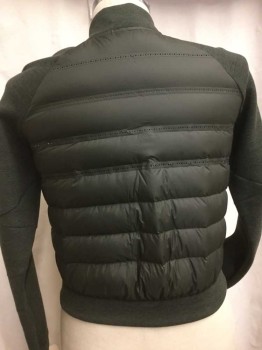 NIKE, Olive Green, Black, Poly/Cotton, Nylon, Heathered, Heather Olive W/puffy Nylon Quilt Side Bodice and Back, Off Side Black Zip Front, 2 Vertical Black Pockets Bottom, Raglan  Long Sleeves,