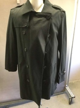 Mens, Coat, Trenchcoat, HART SCHAFFNER & MAR, Black, Cotton, Nylon, Solid, 42 R, Collar Attached with Epplts Double Breasted Side Pockets