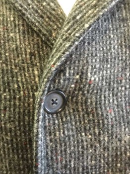 Mens, Coat, FAMOUS MEN'S SHOP, Gray, Charcoal Gray, Wool, Speckled, 40R, with Small Red Specks Throughout, Single Breasted, Notched Collar, 3 Buttons, Solid Gray Lining,