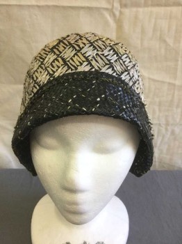 Womens, Hat, N/L, Black, Lt Gray, Straw, Basket Weave, Cloche, Black with Shiny Light Gray Straw Woven in 5 Line Squares Pattern, Rolled Solid Black Brim, No Lining, **Straw is Worn in Some Spots