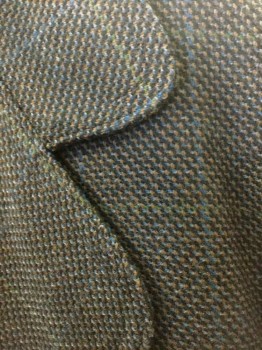 Mens, Coat 1890s-1910s, N/L, Dk Gray, Brown, Blue, Lt Blue, Green, Wool, Plaid-  Windowpane, Birds Eye Weave, 48, Specked in Assorted Colors, with Blue and Green Faint Windowpane Stripes, Double Breasted, Rounded Lapel, 2 Pockets, Made To Order