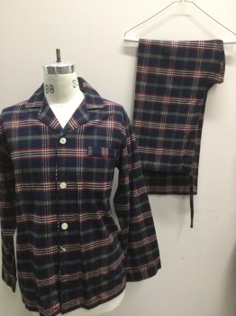 Mens, Sleepwear PJ Top, BROOKS BROTHERS, Navy Blue, Red, Cream, Green, Cotton, Plaid, S, Long Sleeves, Button Front, Collar Attached, 1 Pocket,