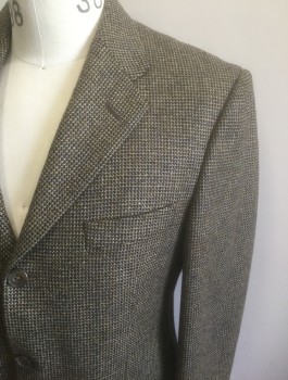 HICKEY FREEMAN, Beige, Charcoal Gray, Gray, Wool, Cashmere, Speckled, Grid , Single Breasted, Notched Lapel, 3 Buttons,  3 Pockets, Solid Light Brown Lining
