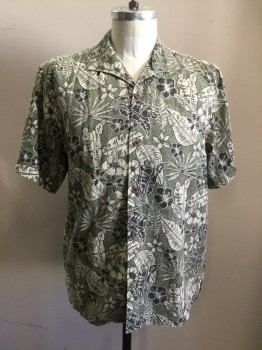 TOMMY BAHAMA, Olive Green, Black, Cream, Cotton, Silk, Floral, Button Front, Collar Attached, Short Sleeves,