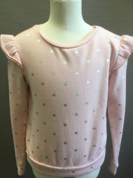Childrens, Sweatshirt, HARPER CANYON, Lt Pink, Silver, Cotton, Polyester, Hearts, Girls, 6, Girls Size, Light Pink with Silver Hearts Pattern, Pullover, Long Sleeves, Crew Neck, Self Fabric Ruffles at Shoulder Seams