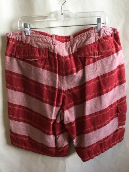 BURKMAN BROS, Dk Red, Pink, Gold, Cotton, Stripes - Horizontal , Zig-Zag , Belt Hoops and D-string Waistband, Wood Button Front, 4 Pockets