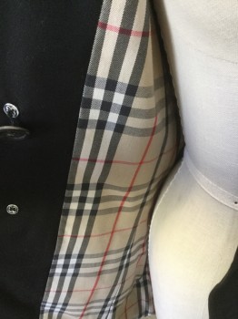 BURBERRY, Black, Polyester, Cotton, Solid, Collar Attached, Double Breasted, Epaulet, Belt, Tan/blk/wht/red Plaid Lining