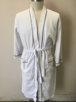 N/L, Cotton, Polyester, Solid, White Waffled Texture, with Black Piping Trim at Front Opening, Cuffs and 2 Patch Pockets at Hips, L/S, Sash Belt Attached at Center Back Waist