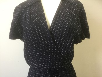 KAY UNGER, Navy Blue, Gray, Polyester, Polka Dots, Navy with Small Gray Polka Dots Pattern, Chiffon, Short Sleeves, Surplice V-neckline, 1/4" Pleats at Bust, Collar Attached, Chemically Pleated Bottom Half, Midi Length