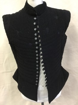 Mens, Vest, MTO, Black, Cotton, Solid, 44, Black Corduroy Vertical Quilt, Stand Collar Attached, Cluster Gray Button Front, Fitted, 4-5" Ruffle Hem, ( 6 Frayed/repairs Spots)