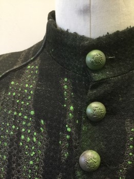 Mens, Coat, N/L MTO, Black, Lime Green, Charcoal Gray, Cotton, Abstract , 44, Fantasy Quasi-Historical Coat, Black with Abstract Charcoal and Lime Vertical Streaks Textured Jacquard, Silver Metal Buttons at Front with Coat of Arms Embossed Detail, Stand Collar, Made To Order