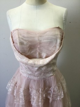 N/L, Lt Pink, Nylon, Solid, Tulle Net Over Opaque Nylon Underlayer, Strapless Dress with Curved Under Bust Layer, Skirt is Horizontal Tiers of Tulle Ruffles with Lace Edges, Hem Below Knee, Comes with Matching Sheer Lace Bolero Jacket (NOT Barcoded) with Cap Sleeves, Collar Attached, Hook & Eye Closure at Center Front,