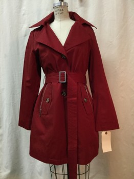 MICHAEL KORS, Maroon Red, Cotton, Polyester, Solid, Maroon, Button Front, Notched Lapel, 2 Flap Pockets with Zipper Detail, Belt