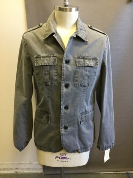 Mens, Barn/Field Jacket, KENNETH COLE, Gray, Cotton, Faded, L, Button Front, Collar Attached, 4 Pockets, Epaulets,