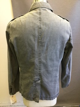 Mens, Barn/Field Jacket, KENNETH COLE, Gray, Cotton, Faded, L, Button Front, Collar Attached, 4 Pockets, Epaulets,