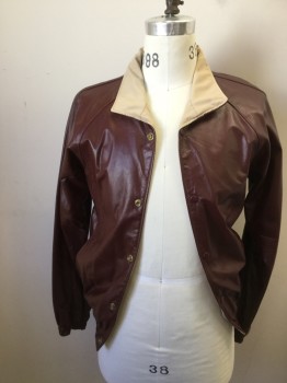 Mens, Leather Jacket, N/L, Brown, Faux Leather, Cotton, Solid, 36, Khaki Collar Attached, Raglan Sleeves, Snap Front, 2 Pockets Each Side, Elastic Waistband/Cuff, Was Once Reversible But Khaki Side Has Been Pen Marked at Collar(Barcode Inside Pocket on Khaki Side)