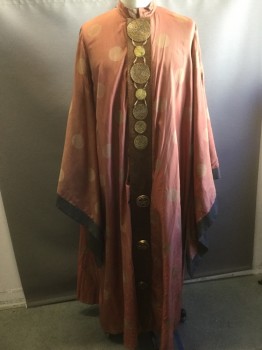 Unisex, Historical Fiction Robe , MTO, Rust Orange, Brown, Bronze Metallic, Silk, Circles, O/S, Taffeta, Stand Collar, Brown Leather Placket with Gold Circle Beading and Gold Metal, Large Gold "Wheel" Buttons Near Hem Opening, Brown Textured Weave Fabric Trim at Kimono Sleeves