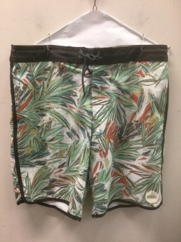 O'NEILL, Multi-color, White, Mint Green, Rust Orange, Yellow, Polyester, Cotton, Leaves/Vines , Abstract , White Background with Mint, Rust, Yellow Abstract Leaves, Dark Gray 1.5" Wide Waistband and Outseam Stripe, Dark Gray Cord at Center Front Waist