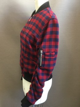 ALC, Red, Navy Blue, Black, Cotton, Viscose, Check , Silver Zipper, 2 Pockets, Rib Knit Collar/Cuffs/Waistband, Rusching Sleeves to Hang in a Half Circle with Pocket Detail on Left Sleeve