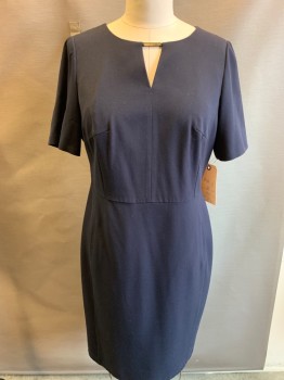M&S, Navy Blue, Polyester, Viscose, Solid, Short Sleeves, Keyhole Neck with Gold Embellishment, Back Zipper,