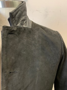 ALL SAINTS, Black, Leather, Wool, Solid, Faded, Faded Black Goat Leather, Black Leather Elbow Patches, Black Herringbone Wool Placket Underneath Leather Placket, 2 Pockets, Double Collar, Button Front