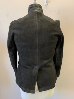 ALL SAINTS, Black, Leather, Wool, Solid, Faded, Faded Black Goat Leather, Black Leather Elbow Patches, Black Herringbone Wool Placket Underneath Leather Placket, 2 Pockets, Double Collar, Button Front