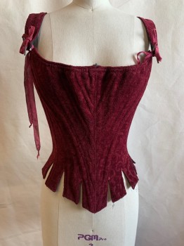 PERIOD CORSET, Maroon Red, Cotton, Leaves/Vines , Front Side of Straps are Removable, Lace Back, Bronze Grommets