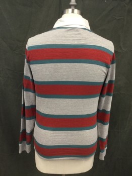 PATAGONIA, Heather Gray, Red, Teal Blue, White, Cotton, Stripes, Knit, Hidden Placket Front, Long Sleeves, Ribbed Knit Cuff, Woven White Collar Attached, Doubles