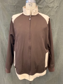 PHAT FARM, Dk Brown, Cream, Cotton, Color Blocking, Plaid, Reversible, Dark Brown Body, Cream Collar/Shoulders/Trim, Zip Front, Stand Collar, Long Sleeves, 2 Pockets, Cream Ribbed Knit Waistband, Dark Brown Ribbed Knit Cuff, Other Side, Tan/Brown/light Blue Plaid