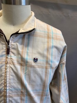 PHAT FARM, Dk Brown, Cream, Cotton, Color Blocking, Plaid, Reversible, Dark Brown Body, Cream Collar/Shoulders/Trim, Zip Front, Stand Collar, Long Sleeves, 2 Pockets, Cream Ribbed Knit Waistband, Dark Brown Ribbed Knit Cuff, Other Side, Tan/Brown/light Blue Plaid