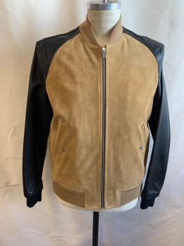 SANDRO, Tan Brown, Black, Suede, Leather, Color Blocking, Zip Front, Elastic Band Collar, 2 Pockets, Black Sleeves