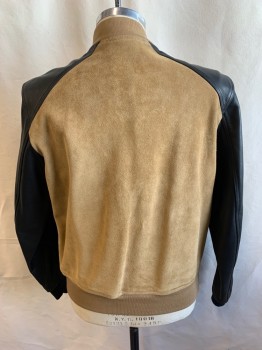 SANDRO, Tan Brown, Black, Suede, Leather, Color Blocking, Zip Front, Elastic Band Collar, 2 Pockets, Black Sleeves