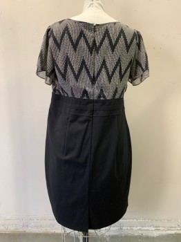 ALYX, Black, White, Polyester, Rayon, Zig-Zag , Solid, Black with Zig Zag Dotted Georgette, Scoop Neck, Pleated at Neck, Double Layered Short Sleeves, Solid Black Skirt, Multi Panel Waistband with Gold Buckle Detail Center Front, Zip Back, Hem Below Knee