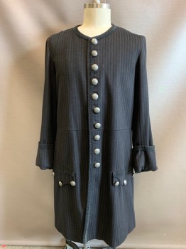 Mens, Historical Fiction Piece 1, MTO, Black, Dk Umber Brn, Wool, Synthetic, Stripes - Vertical , 42, Coat, Waistcoat & Fall Front Breeches, Single Breasted, 10 Silver Metal Buttons, 2 Faux Pockets, Cuffs, Center Back Vent, Black Trim, 1600s