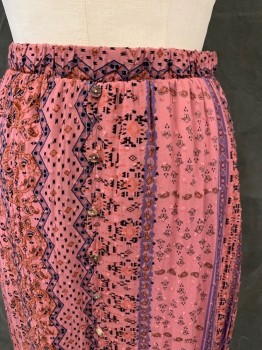 BUTTONS, Mauve Pink, Lavender Purple, Black, Brick Red, Synthetic, Stripes, Paisley/Swirls, Patterned Stripes, Elastic Waistband, Faux Button Front with Slit