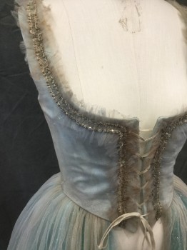 Womens, Sci-Fi/Fantasy Dress, MTO, Mint Green, Teal Blue, Champagne, Gold, Silk, Polyester, Solid, Dots, W 29, B 34, Fantasy Zombie 1700's, Aged, Corset Lace Up Mint Front Sleeveless, Gold Shimmer Sheer Overlay, Gold Ruffle Trim with Champagne Sheer Netting Ruffle, Tulle Underlayer Bustle, Tealblue with Rhinestone Dots Open Front Skit with Sheer Gold Shimmer Net Overly, Gold Ribbon Strips at Bottom
